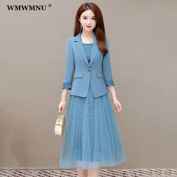 קוריאני דוט הדפס רשת השמלה חליפות אופנה סלים 2 חתיכה להגדיר נשים תלבושת אלגנטית בלייזר וז ' קט ללא שרוולים קו שמלות סטים