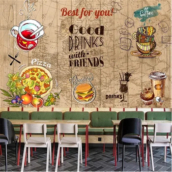 מנהג קפה, המבורגרים המערבי מסעדת מזון מהיר רקע ציור הקיר טפט 3D חטיף בר המבורגר פיצה נייר קיר 3D
