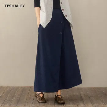 TIYIHAILEY אופנה משלוח חינם טלאים וינטג ' מקסי ארוכות קו חצאיות נשים אלסטי המותניים אביב סתיו פשתן כחול חצאיות