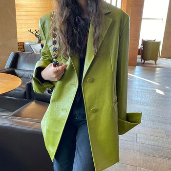 קוריאני מתאים רופף מוצק צבע עור Pu מעיל חדש דש שרוול ארוך לנשים המעיל אופנה גאות באביב 2022 מעיל עור PY137