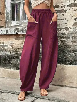 2023 קיץ נשים Sarouel גדול Pocket Plus גודל 5XL מכנסיים גדולים אלסטי המותניים מזדמן קצוץ Sarouel