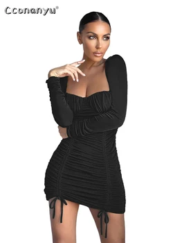 סתיו Ruched שרוך ארוך שרוול Bodycon מיני סלים שחור שמלה סקסית לנשים בגדים 2022 Vestidos Elegantes פארא Mujer