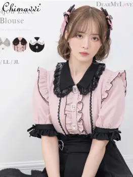 בגדי קיץ אופנה חדשה מתוק של נשים חולצה יפנית חמוד חולצה תחרה חוטי Selvedge חופשי סגנון ילדה מקסימום כל-התאמה