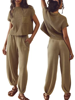 נשים בלבוש קליל שני חלקים תלבושת להגדיר לסרוג סוודר סוודר גבוהה המותניים רחב הרגל מכנסיים טרקלין אימונית