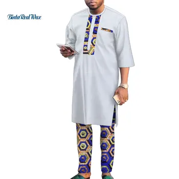 מותאם אישית Mens אפריקה בגדים Bazin ריש טלאים זמן העליון, מכנסיים כותנה 2 חתיכות מכנסיים ערכות גברים אפריקאי בגדים Wyn1541