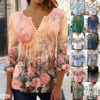 סתיו מזדמן חולצת נשים V-neck מקסימום אופנה פרח בגדים Blusa Mujer Moda 2023 Camisetas קפלים כפתור החולצה Tees