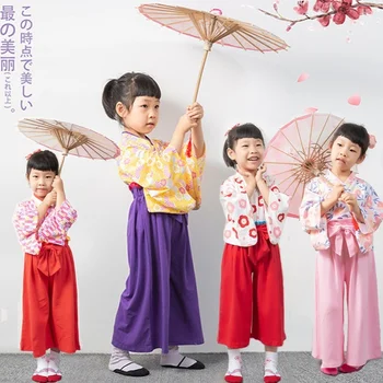 אופנה יפנית 2-8 שנים התינוקת בת ארוך שרוולים, קימונו החליפה הופעת ריקוד יפני קימונו העליון על שני חלקי המכנסיים