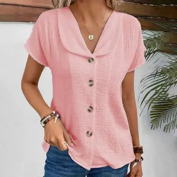 נשים מוצק צבע סגנון פשוט אחת עם חזה סוודר חולצה קיץ V בצוואר שרוול קצר חולצה של נשים אלגנטי נוסעים לכל היותר החדש