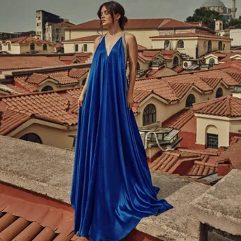 V-צוואר שמלה לנשף קו כחול מלכותי שמלת סאטן באורך רצפת שמלות ערב עם פייטים לפתוח בחזרה אישה בגדים בהזמנה אישית
