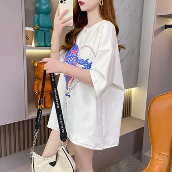 נשים קיץ מודפס חולצת נשים כותנה שרוול קצר חולצה נשית חופשי בסגנון קוריאני של נשים חולצת טריקו O-צוואר שחור לבן