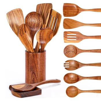 9 יח ' כפות עץ לבישול, עץ כלי בישול עם כלי מחזיק, כלי מטבח מעץ טיק מוגדר