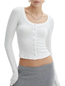 נשים s סקסי הקדמי כפתור קצוץ חולצה שרוול ארוך צוואר מרובע דק מצויד קרופ טופ טי הבסיסי אופנת רחוב