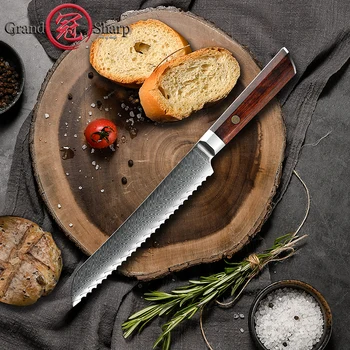 7.5 אינץ מטבח בסכין לחם משוננת, חותך vg10 דמשק נירוסטה סכיני שף לחם עוגת גבינה Slicer כלי Grandsharp