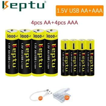 KEPTU 4pcs 1.5 V Li-ion AA USB סוללה + 4pcs 1.5 V USB ליתיום AAA AA AAA סוללה נטענת,AA 3000mWh AAA 1000mWh
