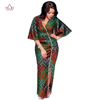 Bintarealwax קיץ אופנה אפריקאית שמלות לנשים דאשיקי בתוספת גודל צווארון וי עמוק הזיקוקים שרוול לפצל את שמלת מסיבת WY2578