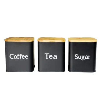 3 יח מטבח, אחסון מיכל סט קפה סוכר תה צנצנות עגול מרובע תה ביסקוויט מיכל אחסון עם מכסה במבוק שחור לבן