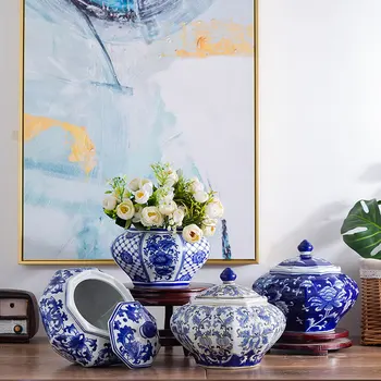 כחול-לבן Jar אגרטל יהלום יד ציור קרמיקה אחסון צנצנת גיאומטריות פרח המיכל צנצנת המגיש תה, קפה, תבלינים