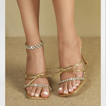 הקיץ להחליק נשים זהב קריסטל פרפר-קשר בוהן מרובע נשים נעלי אופנה גבוהות עקבים סנדלים להחליק נעלי נעליים Mujer