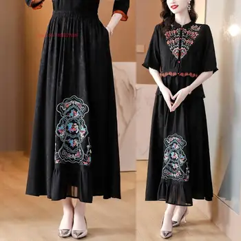 2023 נשים וינטאג', חצאית הלאומי פרח רקמה אלסטית במותניים חצאית סינית מסורתית אתני אקארד סאטן ארוך חצאית