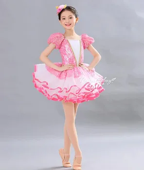 חמוד ורוד ריקוד בלט חצאית בית ספר בנות DanceTroupe טוטו בלט בגדי ילדים בלט תחרות ריקוד החצאית