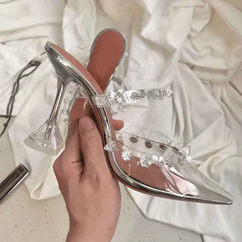 נשים סנדלים 2023 קיץ סגנון חדש הצביע קריסטל שקוף מסמרת עטוף אופנה מסיבה חלול עקב גבוה מולר נעליים