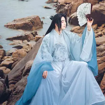 גודל גדול 4XL Hanfu גברים סינית מסורתית רקמה Hanfu זכר Cosplay תלבושות מפוארת שמלת כחול שיפוע Hanfu לגברים 4XL