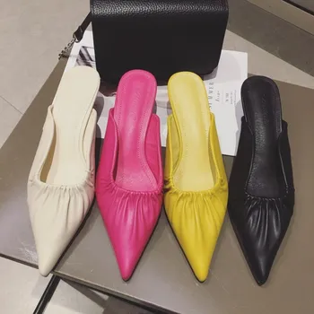 חדש צבע ממתקים קטנים העקב נעלי נשים מחודד בוהן פרדות השמלה שקופיות הנשי גבוה נשים סנדלים אלגנטי