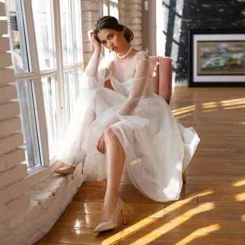 גב סקסי אשליה שמלת החתונה פשוט מתוק אלגנטי שרוול ארוך Tvestido דה נוביה לבן בתוספת גודל מותאם אישית שמלת כלה קצרה