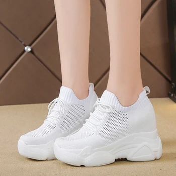 Rimocy אוויר לנשימה רשת עבה נעלי ספורט נשים 2022 אביב קיץ סרוגים הגדלת גובה נעלי אישה לבנים הנעלה מזדמנת