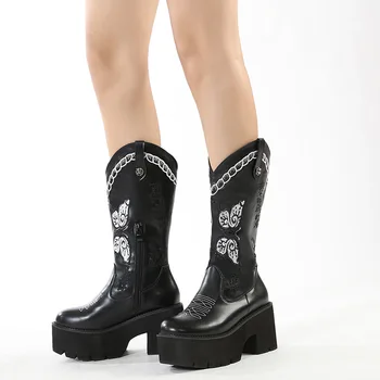 Cowgirl נשים מגפי ברך גבוה פלטפורמה עבה הבלעדי לרקום רטרו המערבי נעלי עור Pu מוצק Slip-On משלוח חינם נעליים