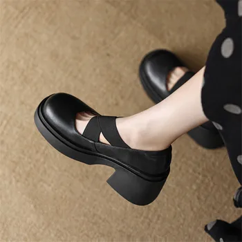2023 האביב עור פרה פלטפורמת העקבים נעלי נשים מזדמנים נעלי סיבוב אצבע פשוטה נעלי העקב עבה נעלי אישה פאטוס Mujer