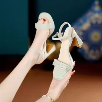 2023 הקיץ עבה אמצע העקב Pu סנדלי נשים נעלי פלטפורמת לסרוג עקבים גבוהים מזדמן חיצוני סנדלי אופנה נשים סקסיות סנדלים