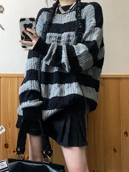 QWEEK Y2k מנופחים פסים סוודר נשים Harajuku בציר 2000 אופנת רחוב אסתטי קט רטרו אמריקאי חולצות שרוול ארוכות