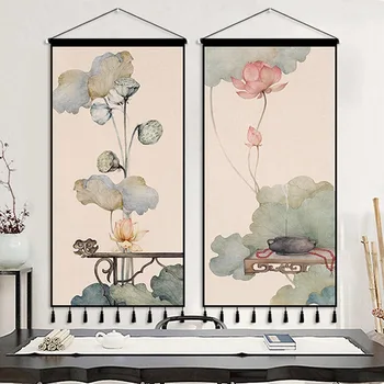 בסגנון סיני לוטוס ציורי קיר שטיח קיר אמנות בציר עיצוב חדר אסתטי תלוי במשרד הביתי Decoracion פארא סלה