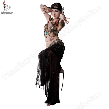 חדש לנשים ATS השבט ריקודי בטן חזייה היפ צעיף תחפושת להגדיר את הבמה צועני העליונה החגורה ציציות 2Pcs בגדים 3 צבעים