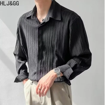 HLJ&GG אביב סתיו ארוך, חולצות עם שרוול עבור Mens קוריאנית חופשי מזדמן קפלים, חולצות סקסיות גרסה משוחררת קלה-טיפול החולצה לגברים