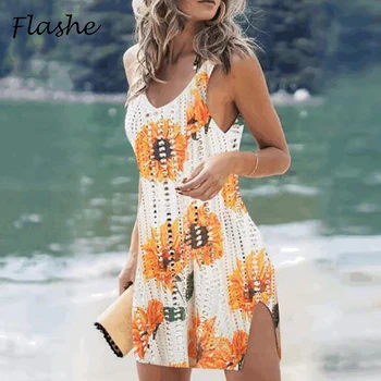 נשים החוף לכסות סרוגים הדפסה שמלת מיני נשים קיץ אלגנטי צוואר V שרוולים עם ביקיני לחפות חלול החוצה Beachwear