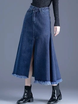 TIYIHAILEY משלוח חינם 2021 חדש אופנה גבוהה המותניים XS-3XL זמן אמצע שוק קו שסע חצאיות נשים ג ' ינס כחול גדילים שחורים