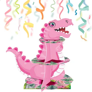 ורוד דינוזאור צד ורוד טי-רקס קינוח לעמוד 3Layers דינו עוגה לעמוד ילדה מאושרת ג ' ונגל הדינוזאורים מסיבת יום הולדת עיצוב