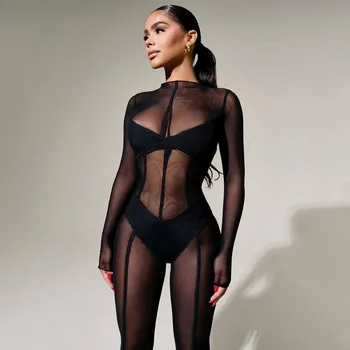 שחור רשת רזה סרבלים לנשים, סקסי לראות דרך מועדון מסיבה זמן Playsuit האופנה השרוול הארוך סרבל סתיו חורף 2023