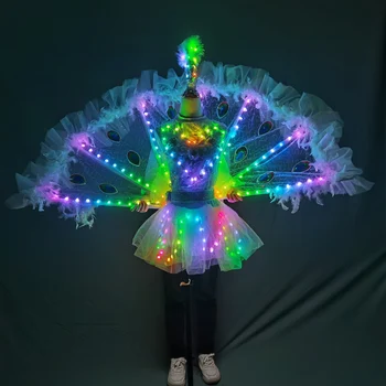 מלא צבע LED טווס, כנפיים מועדון לילה מסלול מודל מסיבת ריקודים על הבמה ללבוש שמלה נשים נערת בלט חצאית