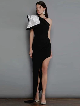 אופנה חדשה שחורה סקסית כתף אחת בלי שרוולים גדול עניבת פרפר תחבושת שמלה Vestidos דה פיאסטה מועדון לילה ערב מסיבת נשף
