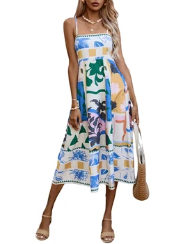 נשים ספגטי רצועת Midi אופנה שמלה Y2K הדפסה הקיץ קו השמלה אי הבנות מסיבת קוקטייל שמלה