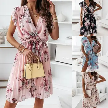 הקיץ של נשים שמלת קפלים קצר השרוול V-צוואר הדפסה דיגיטלית שמלת פרח אמצע החלוק משרד ליידי קיץ שמלת החוף נשים 2022