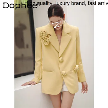 3D אלגנטי פרחים מתוק צהוב ז ' קט לנשים 2023 סתיו חורף בגדים חדשים חופשי משרד גבירותיי מעיל מעיל הלבשה עליונה למעלה