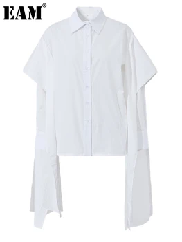 [ידה] נשים לבן סרט גדול גודל חריג החולצה החדשה דש שרוול ארוך רופף להתאים חולצה אופנה גאות אביב סתיו 2023 SG35900