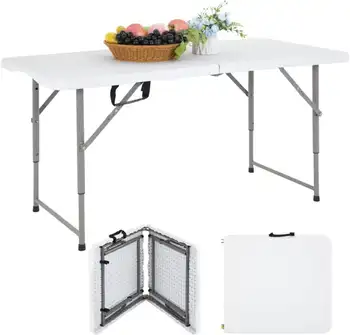 4ft שולחן מתקפל, מתכוונן בגובה קמפינג שולחן המשרד שולחן פנימי/חיצוני פיקניק, קמפינג,ספסל לבן