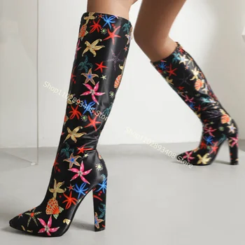 מכוון אצבע צבעוניים הדפסה המגפיים רוכסן בצד בסגנון רטרו עבה גבוה העקב נעלי נשים נעלי האופנה 2023 פאטוס פארא Mujere