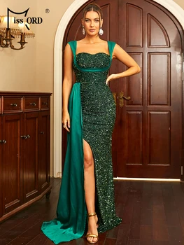 Missord ירוק נצנצים מסיבת חתונה שמלה אלגנטית נשים ספגטי רצועת החגורה עטוף הירך פיצול נשף שמלות ערב ארוך שמלה