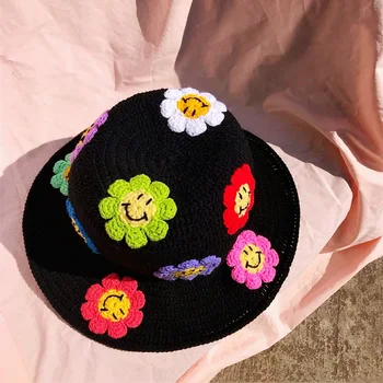 נשים השמש בקיץ בוהו קטן פרחים סרוג בעבודת יד דייזי בנות דלי כובע כובע